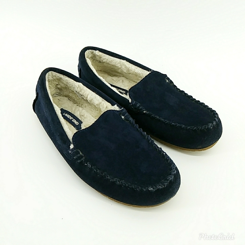 Lands End Suede Leather Moccasins Slippers Navy Blue Faux Fur Lining 7B